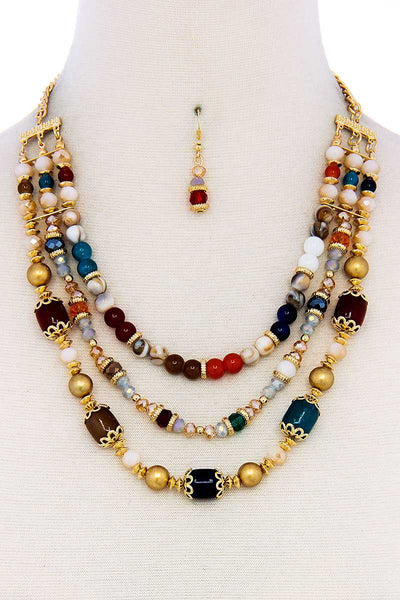 Multi Beaded Three Layer Necklace And Earring Set