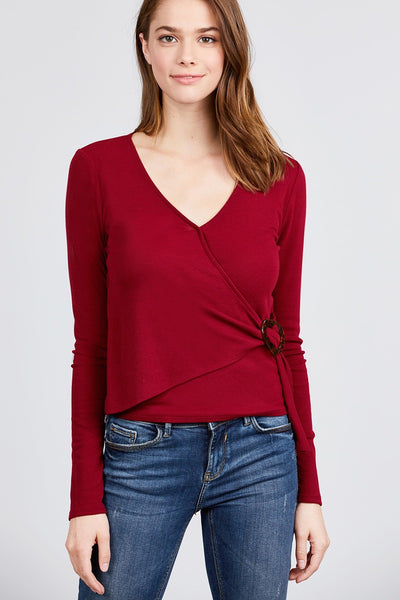 Long Sleeve Deep V-neck Side Buckle Detail Rib Knit Top