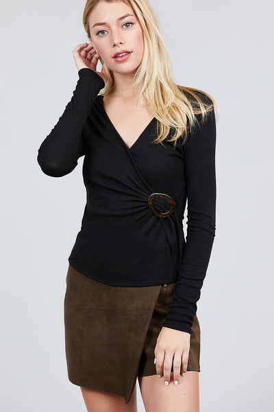 Long Sleeve Deep V-neck Side Buckle Detail Rib Knit Top