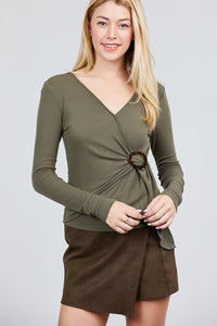 Long Sleeve Deep V-neck Side Buckle Detail Rib Knit Top