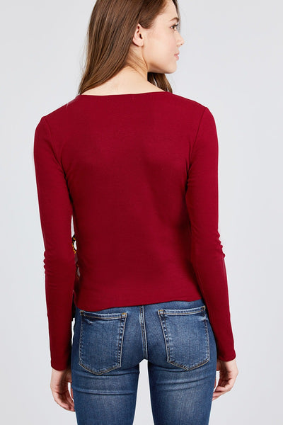 Long Sleeve Deep V-neck Side Buckle Detail Rib Knit Top