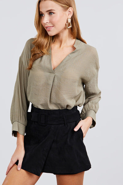 3/4 Cuff Sleeve V-neck W/collar Woven Top