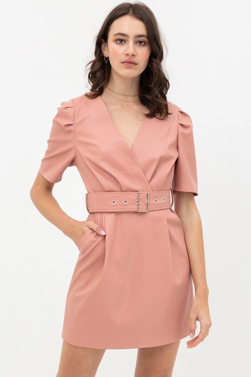 Pleather Dress With Belt Buckle Across Waist. Short Sleeve With V Neckline