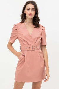 Pleather Dress With Belt Buckle Across Waist. Short Sleeve With V Neckline