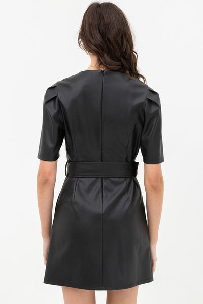 Pleather Dress With Belt Buckle Across Waist. Short Sleeve With V Neckline