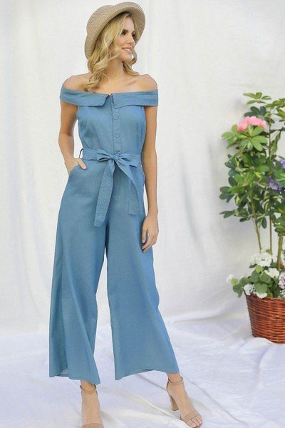 Fold-over Collar Detailed Button Down Off-shoulder Chambray Denim Wide Leg Palazzo Jumpsuit With Waist Tie