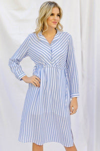 Stripe Print Cinched Waist Long Sleeve Shirt Midi Dress