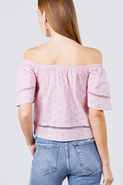 Elbow Sleeve Off The Shoulder Lace Trim Eyelet Detail Woven Top