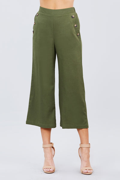 Fake Pocket W/button Detail Wide Long Leg Linen Pants