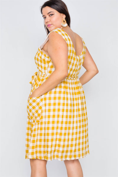 Plus Size Scoop Neck Side Pockets Checkered Gingham Midi Dres