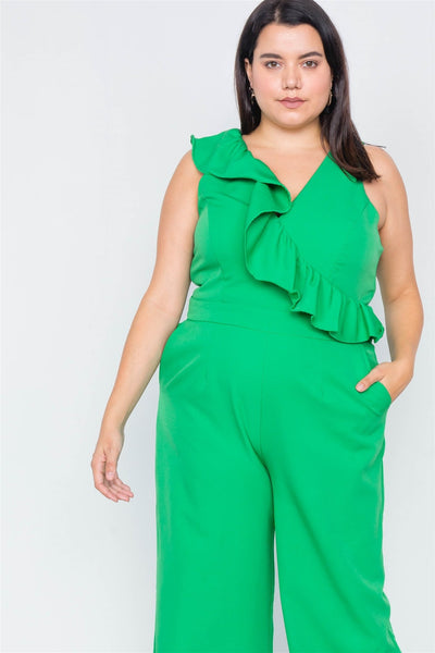 Plus Size Green Flounce Surplus V-neck Wide Leg Jumpsuit