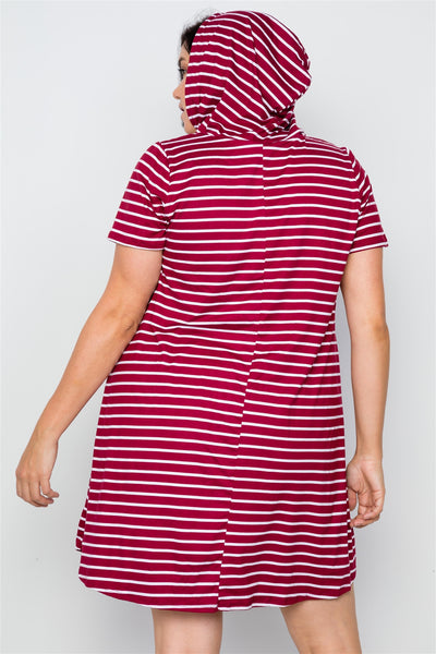 Plus Size Burgundy Stripe Short Sleeve Hooded Shirt Mini Dress