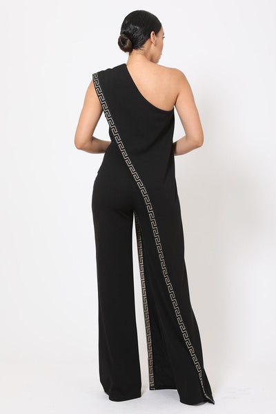 One Shoulder Greek Border Pattern Jumpsuit