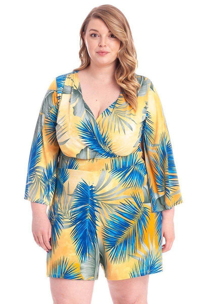 Tropical Leaf Print Kimono Sleeve Romper