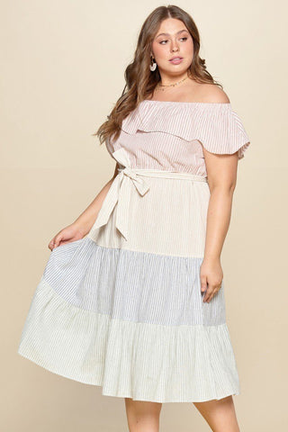 Tiered Off-shoulder Flounce Dress Featuring Stripe Details And Self Ties.