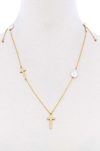 Triple Cross And Pearl Pendant Endless Necklace