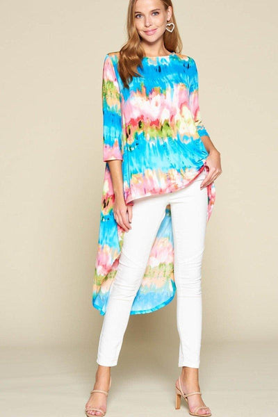 Tie-dye Venechia High Low Fashion Top With 3/4 Sleeves