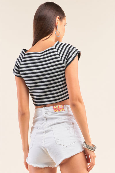 Black And Grey Striped Square Neck Mini Sleeve Cropped Top