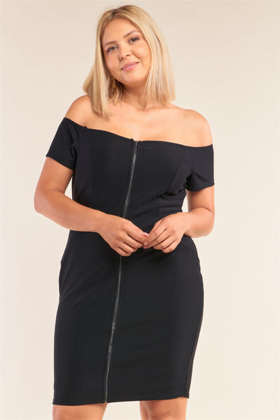 Plus Size Fitted Off-the-shoulder Front Zipper Bodycon Mini Dress