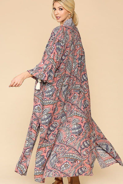 Mix-printed Open Front Kimono With Side Slits