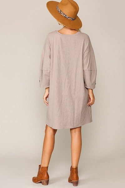 Textured Button Accent Puff Sleeve Side Pockets Shift Dress