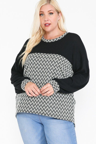 Jacquard Contrast With Drop Shoulder Long Sleeve Round Hem Top