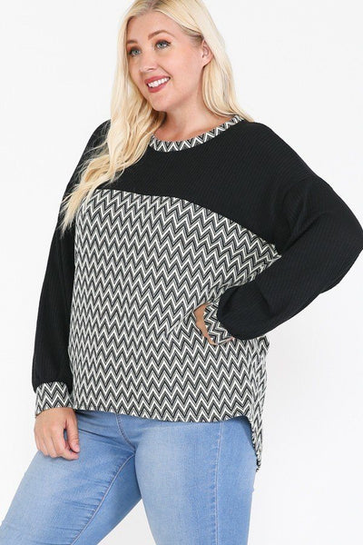 Jacquard Contrast With Drop Shoulder Long Sleeve Round Hem Top