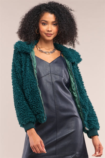 Hunter Green Long Sleeve Zip Front Faux Fur Bomber Jacket