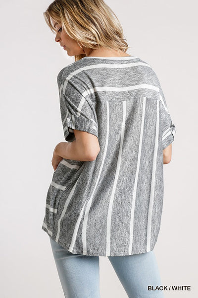 Horizontal And Vertical Striped Short Folded Sleeve Top With High Low Hem