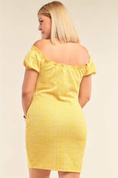 Plus Size Lemon Yellow Sparkly Tweed Plaid Fitted Off-the-shoulder Frill Hem Mini Dress