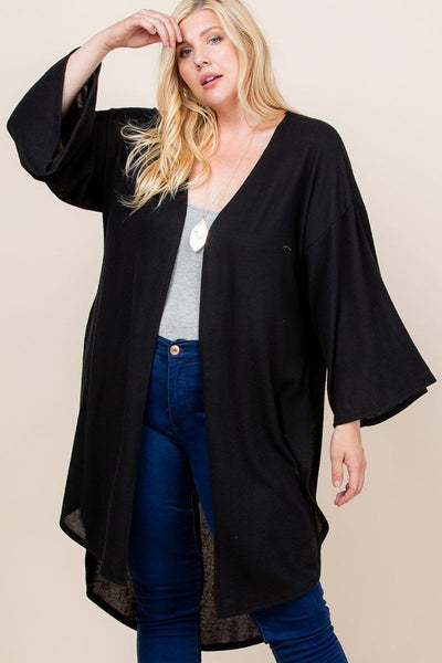 Plus Size Solid Hacci Brush Open Front Long Cardigan With Bell Sleeves