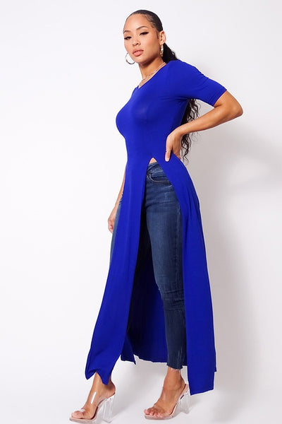 Elbow Sleeve Maxi Tank Top With Side Slits