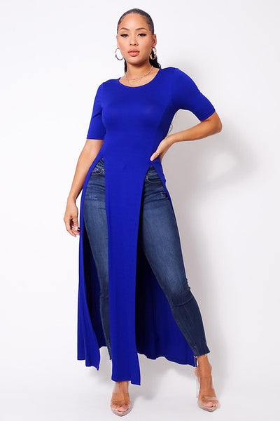 Elbow Sleeve Maxi Tank Top With Side Slits