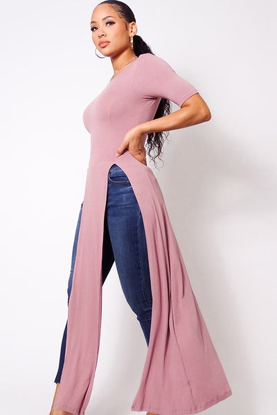 Elbow Sleeve Maxi Tank Top With Side Slits