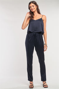 Navy Satin Sleeveless Soft V-neck Layered Self-tie Waist Detail Jumpsuit