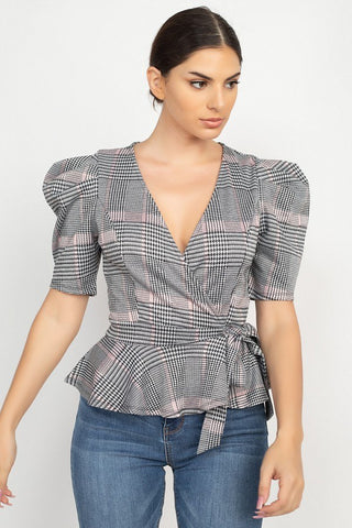 Plaid Front Wrap Puff Sleeve Top