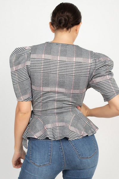 Plaid Front Wrap Puff Sleeve Top