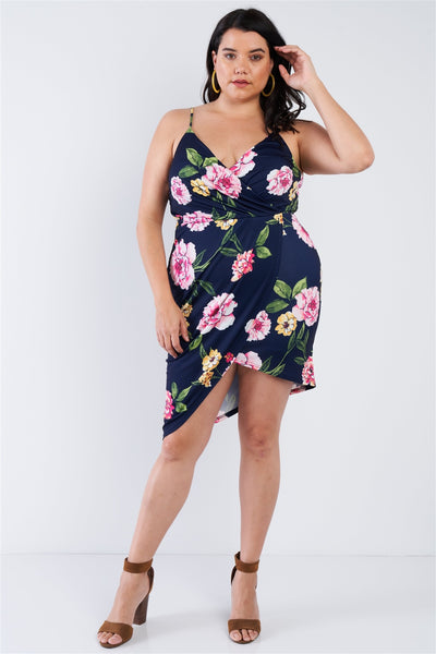 Plus Size Navy Hot Pink Floral Mini Wrap Dress