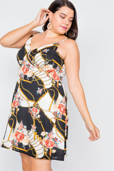 Plus Size Black Floral Belt & Chain Printed Mini Dress