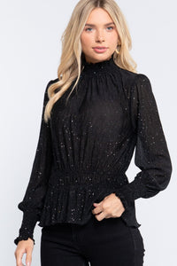 Smocked Sleeve Sparkle Crinlked Top