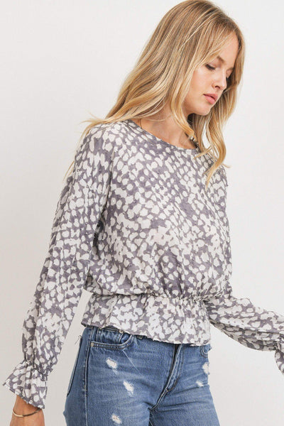 Ruffled Waist Drop Shoulder Long Sleeve Top