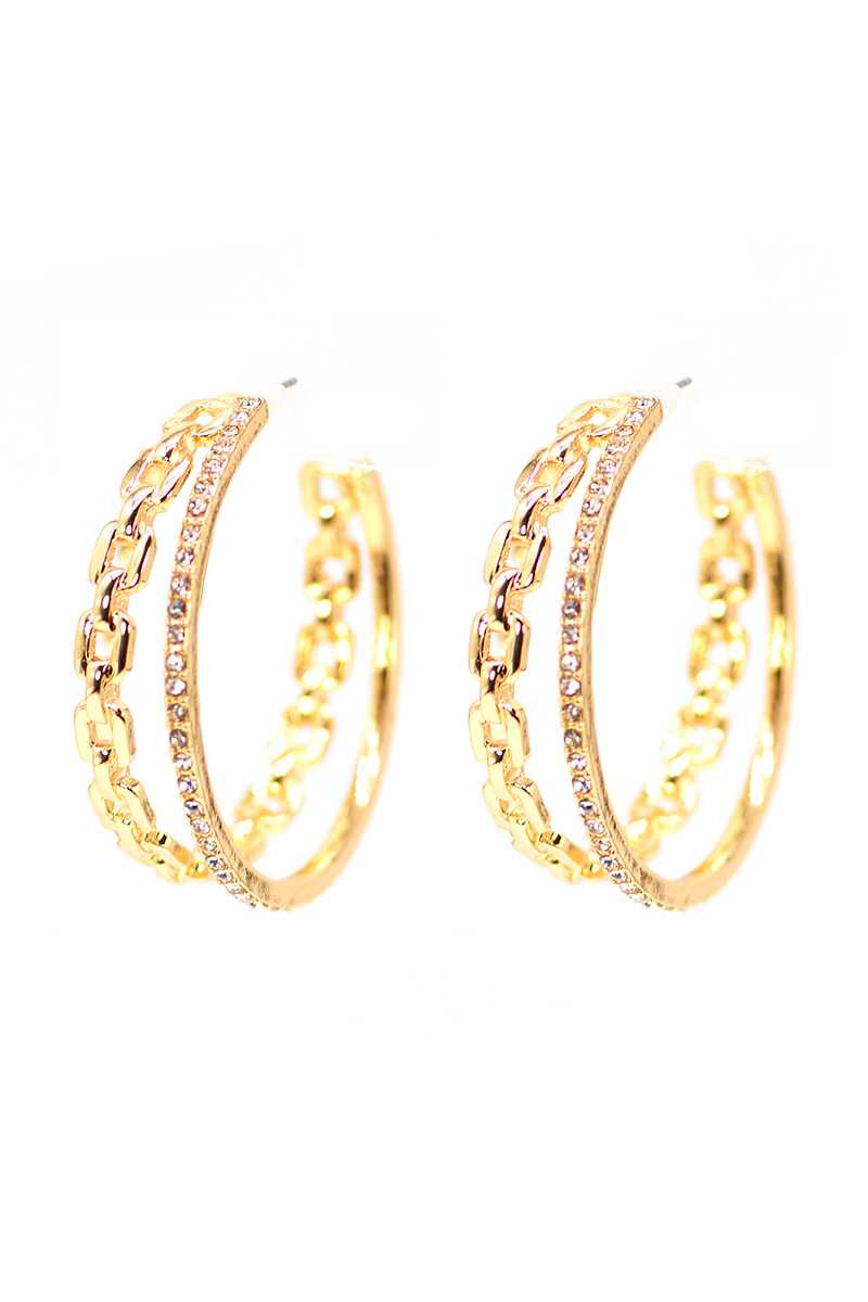 Double Chain And Rhinestone Ring Open Metal Hoop Earring