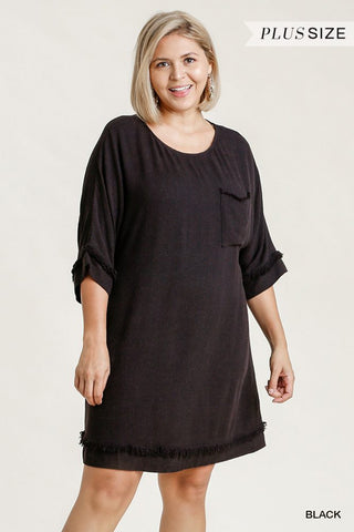 Linen Blend Round Neck Half Sleeve Dress With Chest Pocket And Frayed Edge Detail