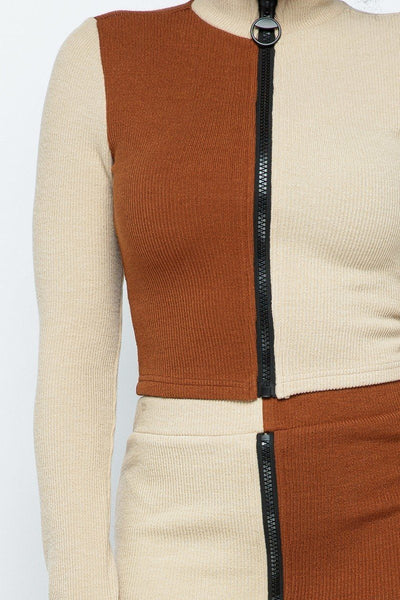 Rib Color Block Mock Neck Long Sleeve High-waist Mini Skirt With Front Zipper Set