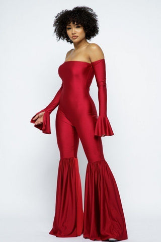 Yoga Off The Shoulder Slit Bell Wide Leg Flare Jumpsuit