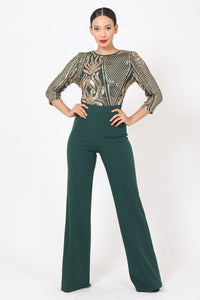 Open Back Gold Sequin Pattern Jumpsuit