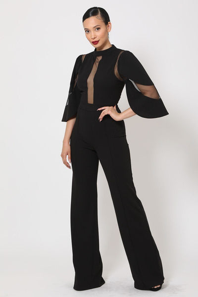 Semi Sheer Mesh Contrast Bodice Jumpsuit