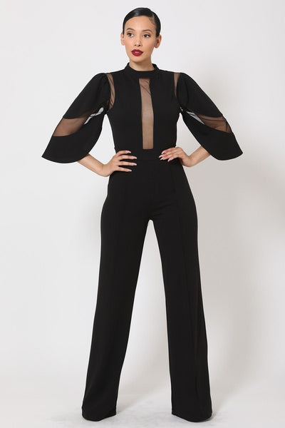 Semi Sheer Mesh Contrast Bodice Jumpsuit