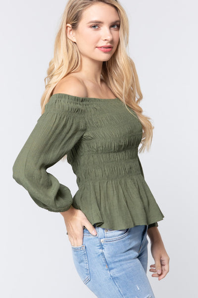 Off Shoulder Smocked Woven Top