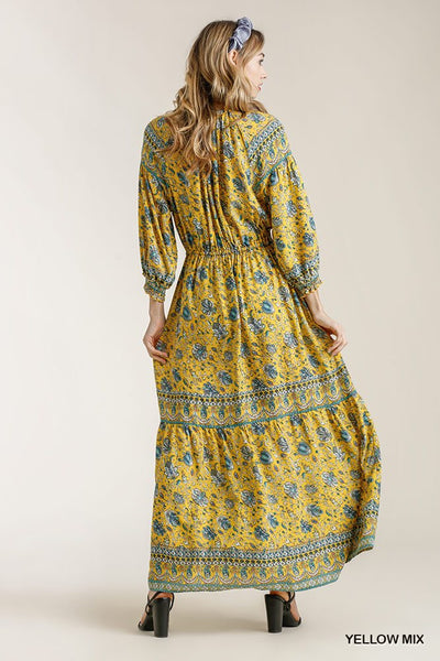 Paisley Print Smocked Ruffle Cuff Sleeve Elastic Waist Maxi Dress With Front String Tie